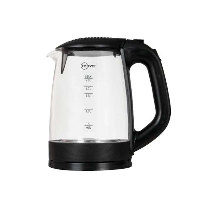 Mayer 2L Electric Glass Kettle MMEKG200 - 1 - Black and silver electric kettle with clear glass body, Dual measurement scale
