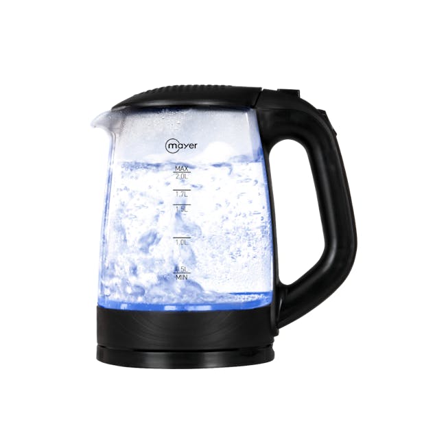 Mayer 2L Electric Glass Kettle MMEKG200 - 4 - Black electric kettle with clear glass body, Brew pot with blue liquid inside