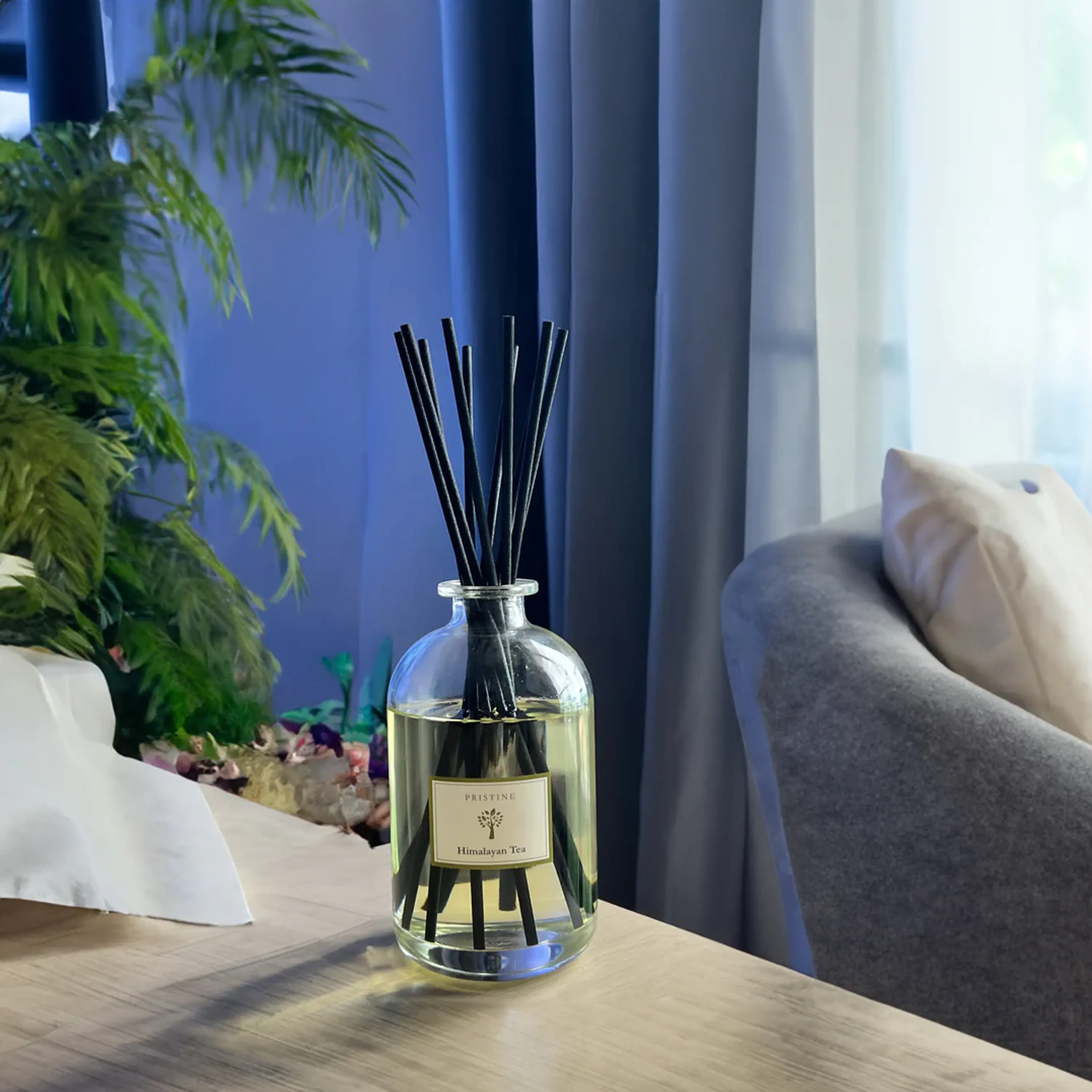 Pristine Aroma  Reed Diffuser - Himalayan Tea (3 Sizes) - 12 - Glass vase with black sticks, Pristine Himalayan Tea label