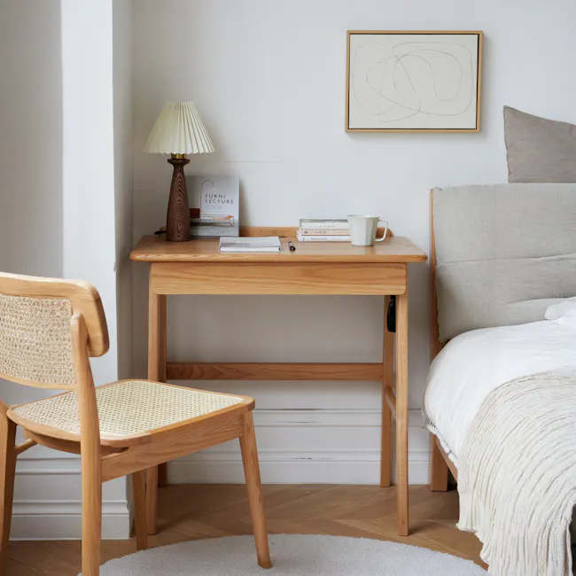 Chase Study Table 1m - 6 - Wooden desk, minimalist design, light beige lamp, white textured wall, wooden chair, woven chair