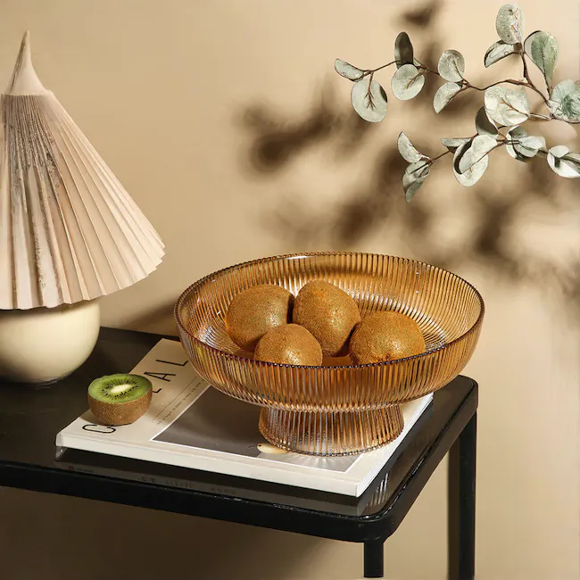 Reagan Glass Display Bowl - Amber - Large - 2 - Golden-brown pastries, elegant bowl, minimalist setting, natural lighting