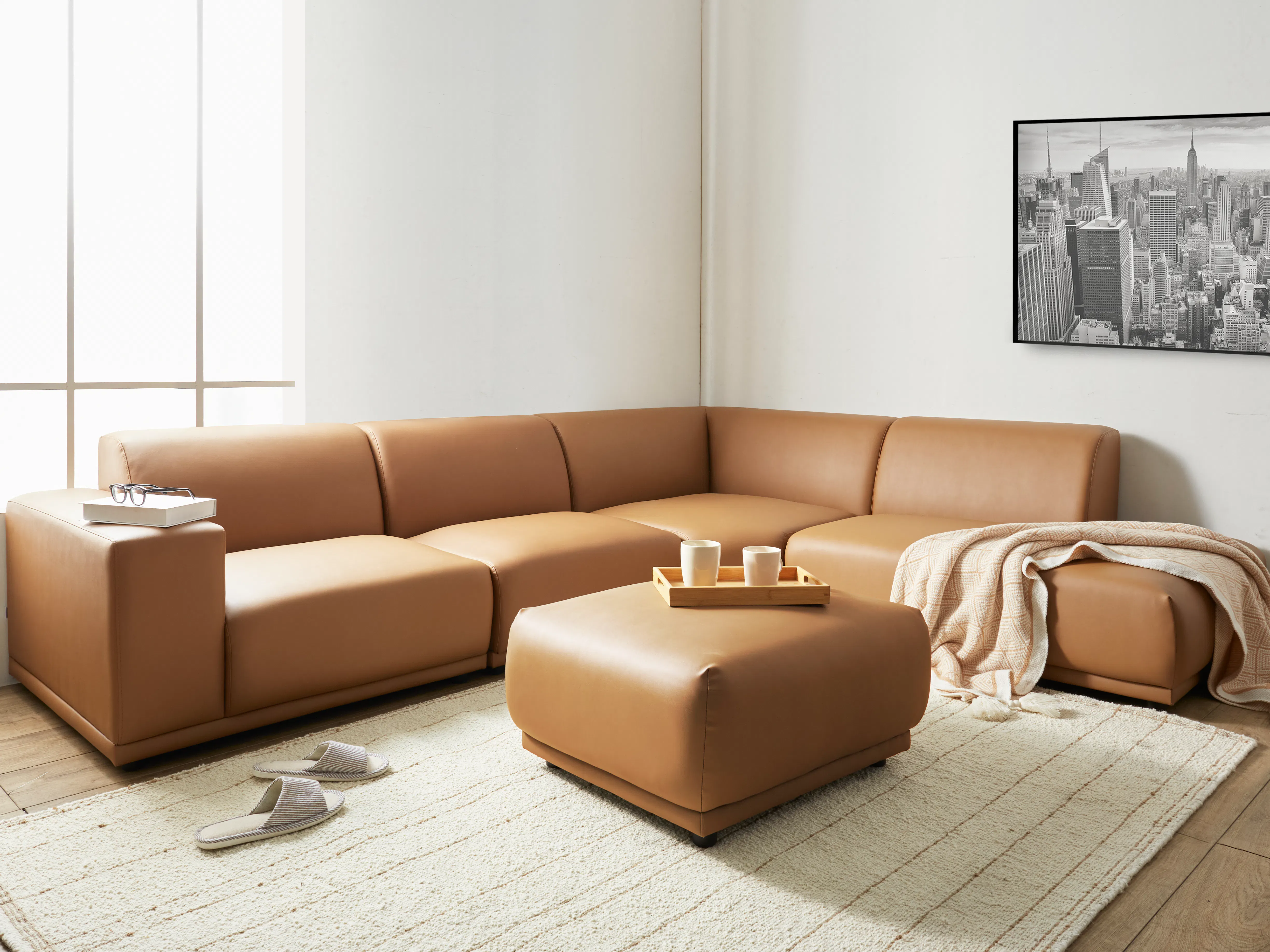 Milan 4 Seater Sofa - Caramel Tan (Faux Leather) - 16 - Modern living room, cozy sofa, beige leather, comfortable cushions