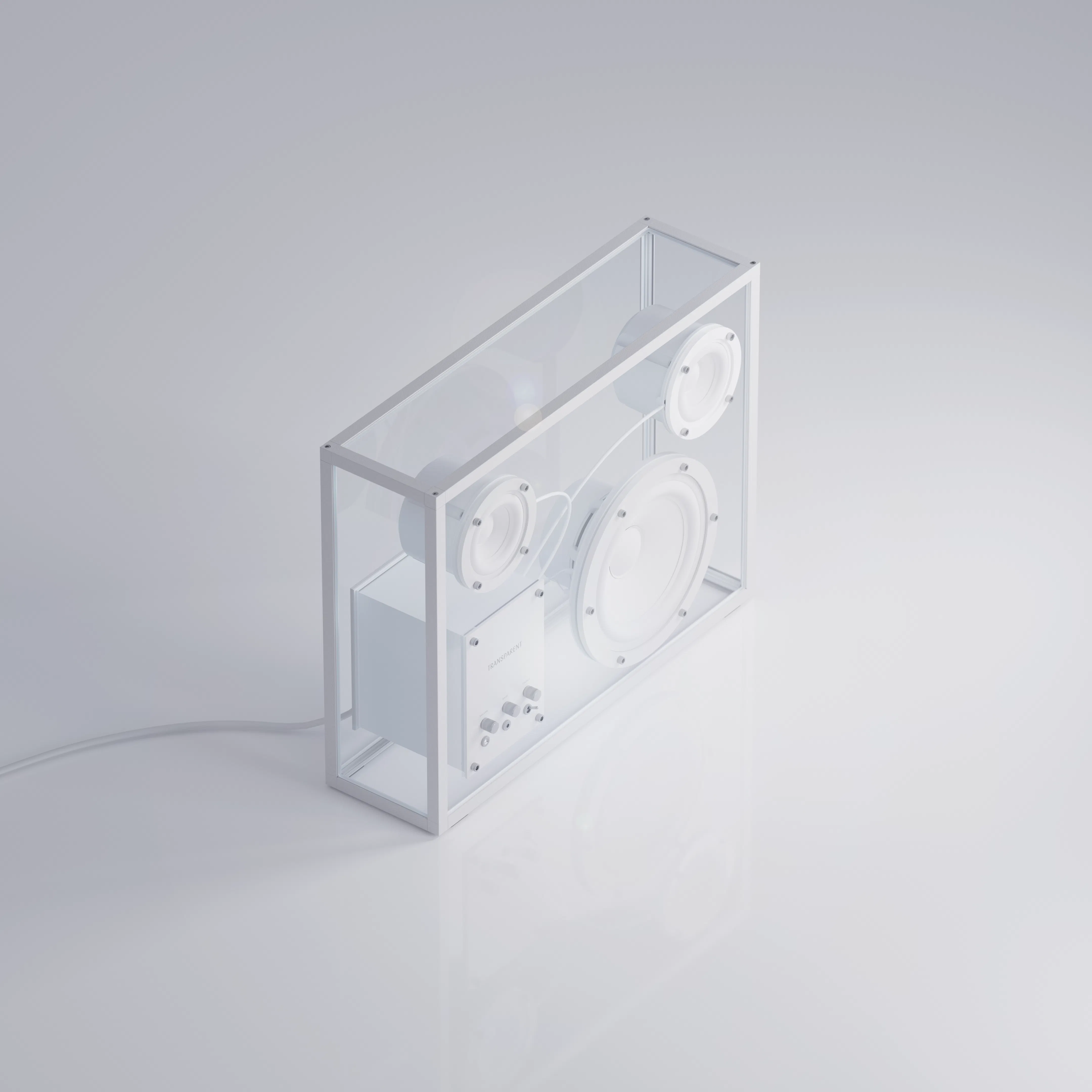 Transparent Speaker - White - 9 - 3D transparent speaker system, minimalist design, modern aesthetic, sleek interior, white