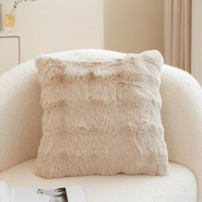 Luxe Faux Fur Cushion Cover - Taupe - 5 - Cream-colored plush pillow, soft and cozy, fluffy texture, comfortable seating