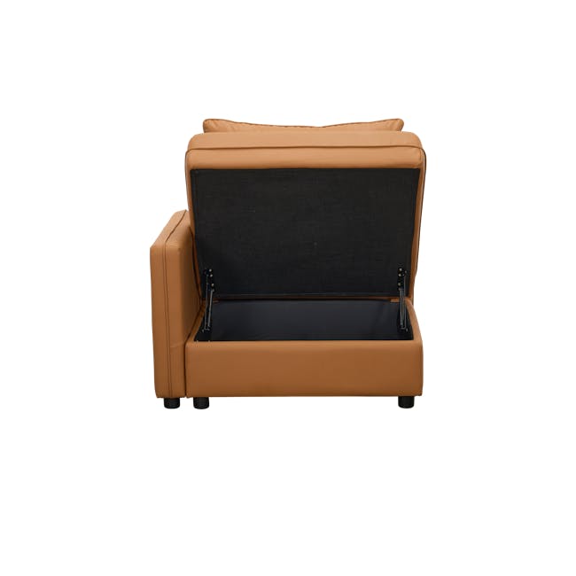 Cameron 4 Seater Storage Sofa - Tan (Pet Friendly) - 13 - Brown leather sofa with black cushion, open back design, black