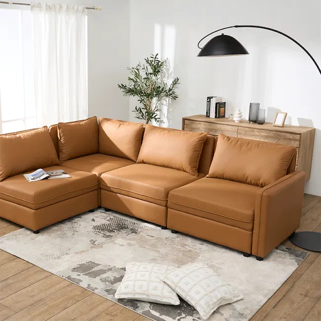 Cameron Left Storage Arm Unit - Tan (Pet Friendly) - 2 - Modern living room with brown leather sofa, white curtains, floor