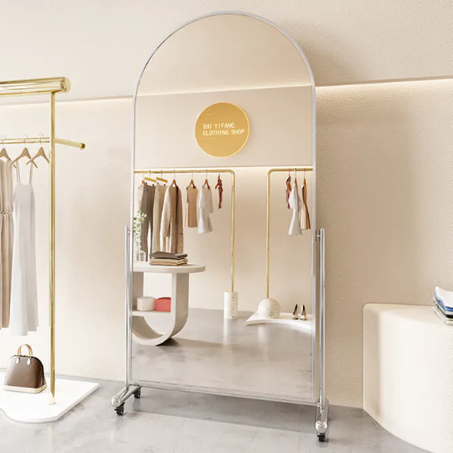 Vega Arched Movable Mirror - Silver - 3 - Sleek and modern clothing store with a large mirror, Elegant interior design with
