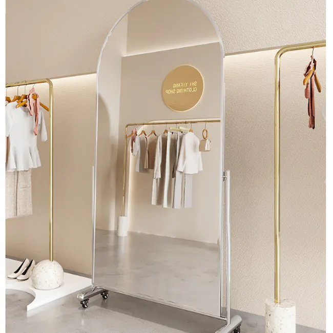 Vega Arched Movable Mirror - Silver - 4 - Elegant wardrobe setup with a large mirror, Minimalist interior design with a