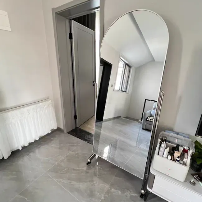 Vega Arched Movable Mirror - Silver - 6 - Mirror, bathroom, vanity, white walls, modern design, large mirror, reflection