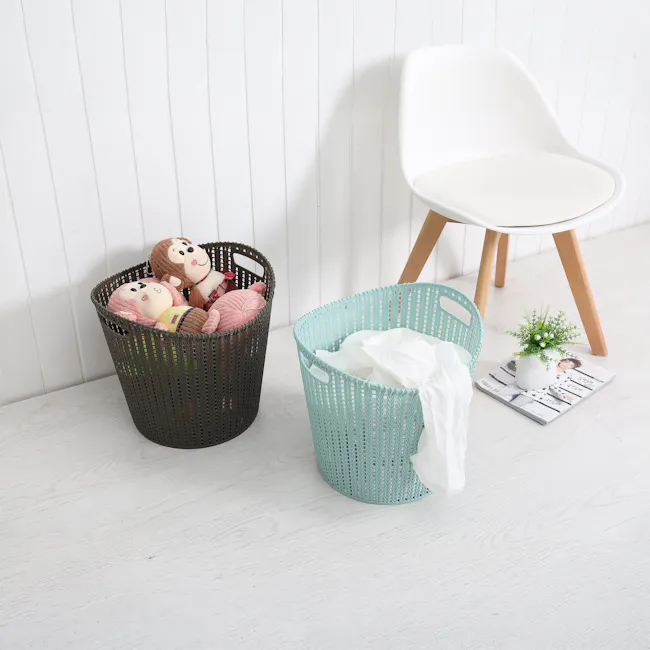Alice Laundry Basket - Blue - 4 - Wash basket, white wall, wooden chair, light blue basket, white laundry, small potted