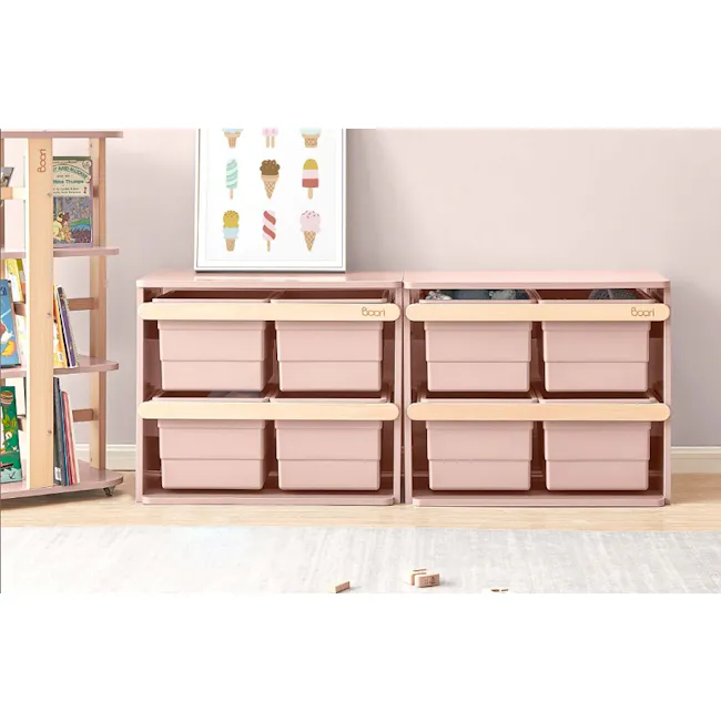 Tidy Toy Cabinet - Cherry & Almond - 2 - - Wooden storage bins, pink accents, child-friendly design, built-in shelving