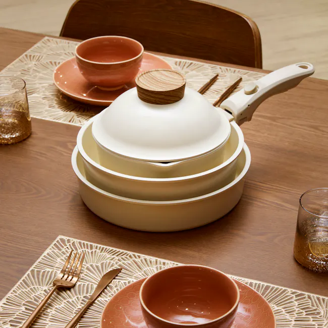 Sodam Nonstick Cookware Set - Cream White - 2 - vintage ceramic tea set, wooden dining table, intricate tray design, white