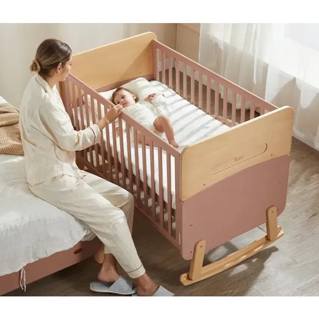 Neat Boori 5 in 1 Cot Bed - Cherry - 2 - White pajamas, baby crib, wooden frame, soft bedding, baby lying, mother and child
