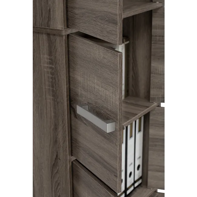 Naya 10 Door Cabinet - Dark Sonoma - 15 - Wooden cabinet with metallic handle, open drawer, neatly organized files, modern