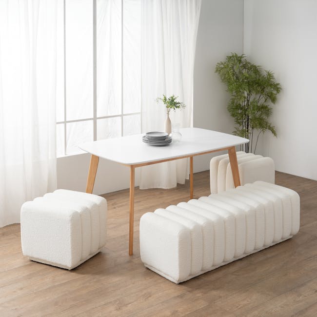 Cosmo Stool - White Boucle - 6 - White modern minimalist furniture, white textured ottomans, wooden legs table, stack of