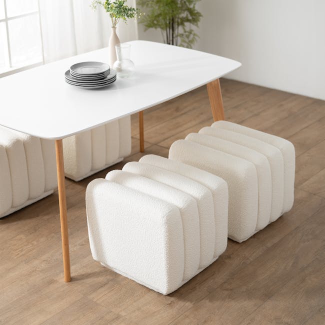 Cosmo Stool - White Boucle - 4 - White modern dining table with wooden legs, minimalist white cushioned seating, soft