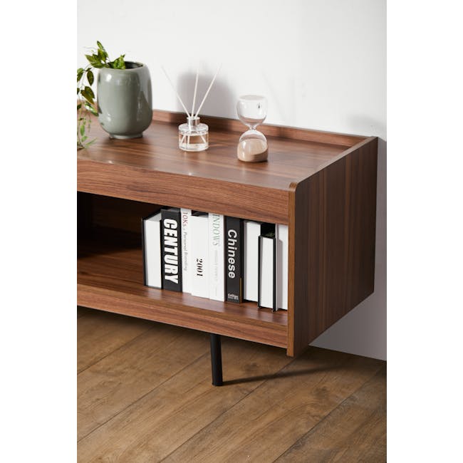Delani TV Console 1.8m - 5 - Wooden shelf, minimalist design, modern decor, bookshelf, books, black and white, hourglass