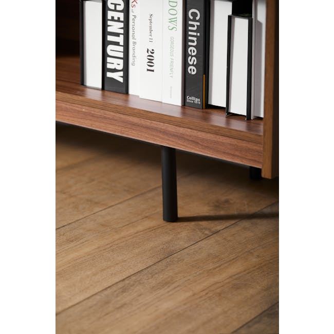 Delani TV Console 1.8m - 7 - Wooden bookshelf, modern design, wooden floor, book collection, stacked books, black and white