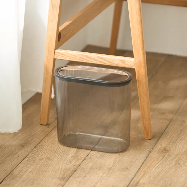 Vero Fluted Acrylic Bin with Lid - Grey - 8 - Wooden chair, wooden floor, transparent trash can, wooden legs, wooden wall