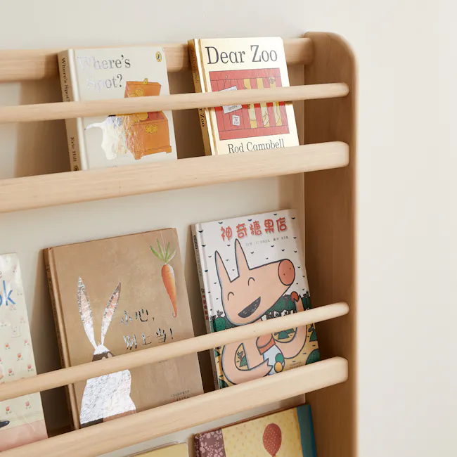 Micah 3 Tier Kids Wall Shelf 0.6m - 2 - Wooden bookshelf, children's books, neatly arranged, soft lighting, children's