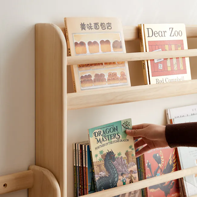 Micah 3 Tier Kids Wall Shelf 0.6m - 5 - Wooden bookshelf, books, "Dear Zoo" by Rod Campbell, "Dragon Masters" by Dragon