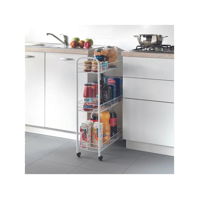 Metaltex 3 Tier Slim Rolling Cart - White - 2 - White kitchen countertop, stainless steel sink, white cabinets, fruit bowl