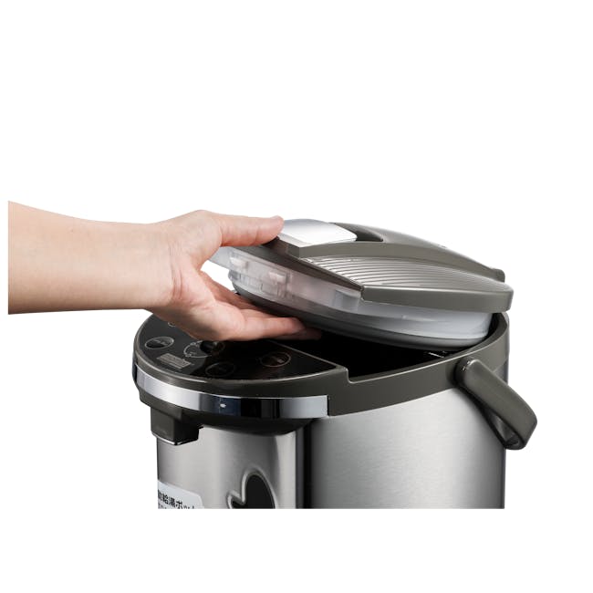 MORRIES 4 Temperatures Selection Electric Airpot - 5L - 4 - Ceramic pot, stainless steel, lid, person's hand, opening