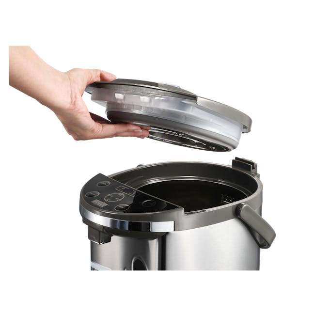 MORRIES 4 Temperatures Selection Electric Airpot - 5L - 5 - Silver kitchen appliance, person opening lid, stainless steel