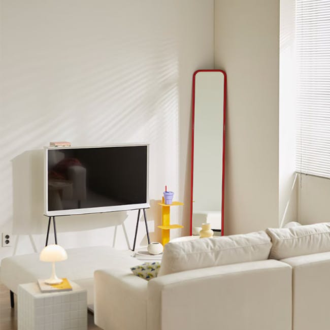 Lusa Left Arm - Ivory (Pet Friendly) - 12 - Modern minimalist living room, white furniture, sleek TV stand, yellow shelf