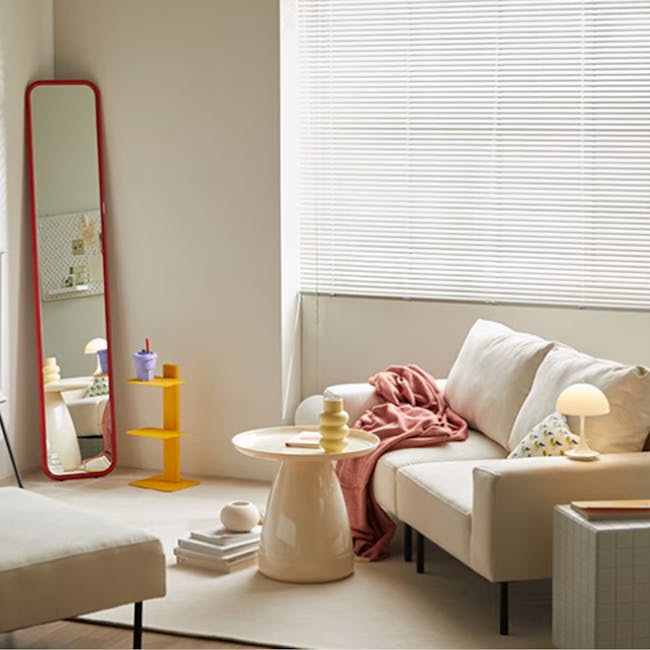 Lusa Left Arm - Ivory (Pet Friendly) - 17 - Modern living room, cozy seating, beige sofa, pink blanket, white pillows