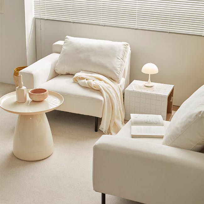 Lusa 3 Seater Sofa - Ivory (Pet Friendly) - 20 - Minimalist sofa, white cushions, soft throw blanket, round coffee table