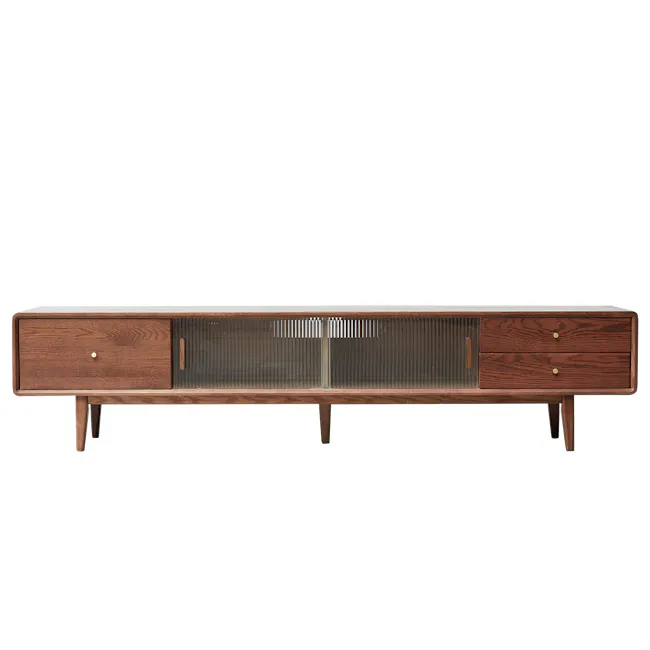 Lucia TV Console 2.2m - 18 - Vintage wooden sideboard, dark wood finish, brass handles, vertical slats, minimalist design