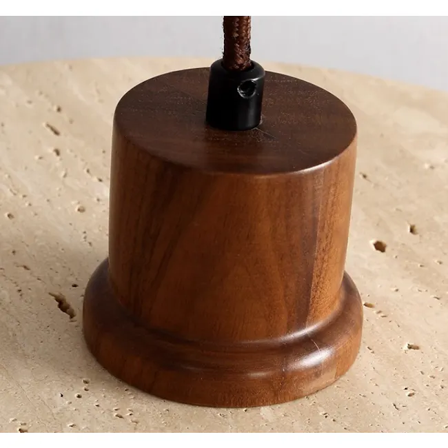 Caleb Travertine Pendant Lamp - Bell - 6 - Wooden base with black knob, smooth finish, polished surface, cylindrical shape