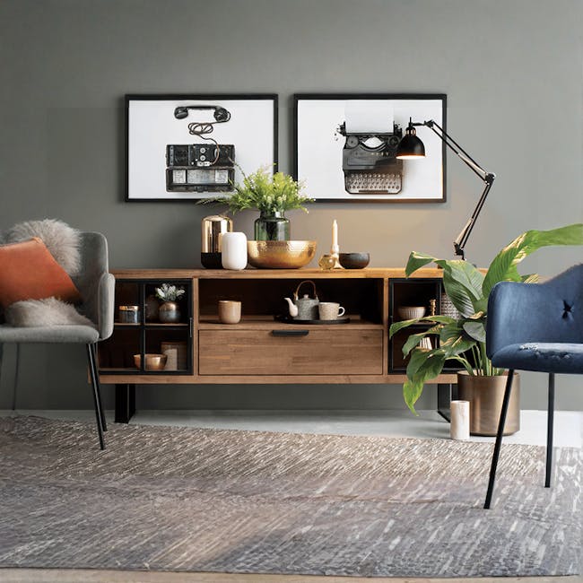 Dakota TV Console 1.8m - 2 - modern living room, cozy corner, gray wall, abstract art, vintage typewriter, black lamp