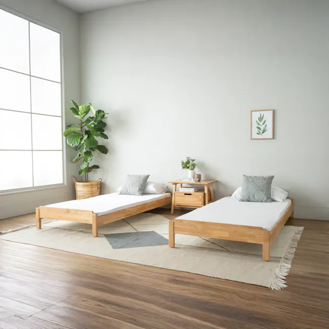 Hans Stackable Single Bed - Natural - 3 - Modern minimalist bedroom, natural light streaming in, large window, light-colored