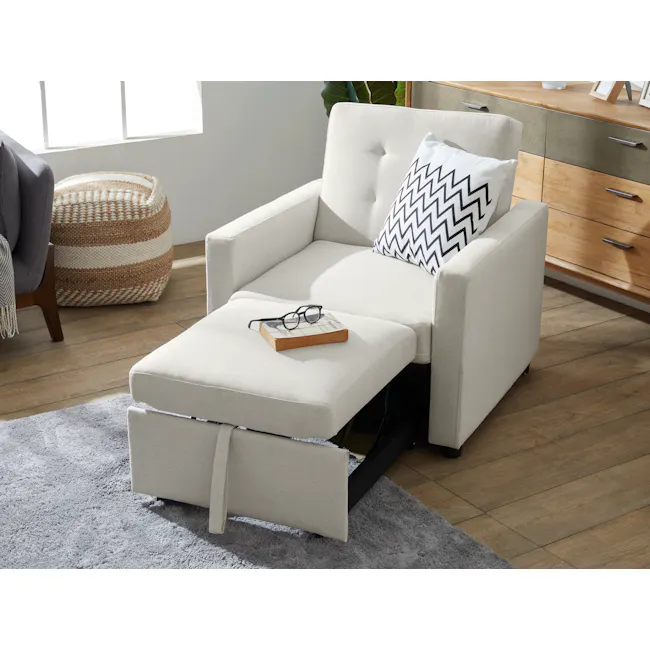 Mason Sofa Bed - Ecru - 5 - Cream armchair, wooden floor, gray rug, modern furniture, cozy living room, soft lighting