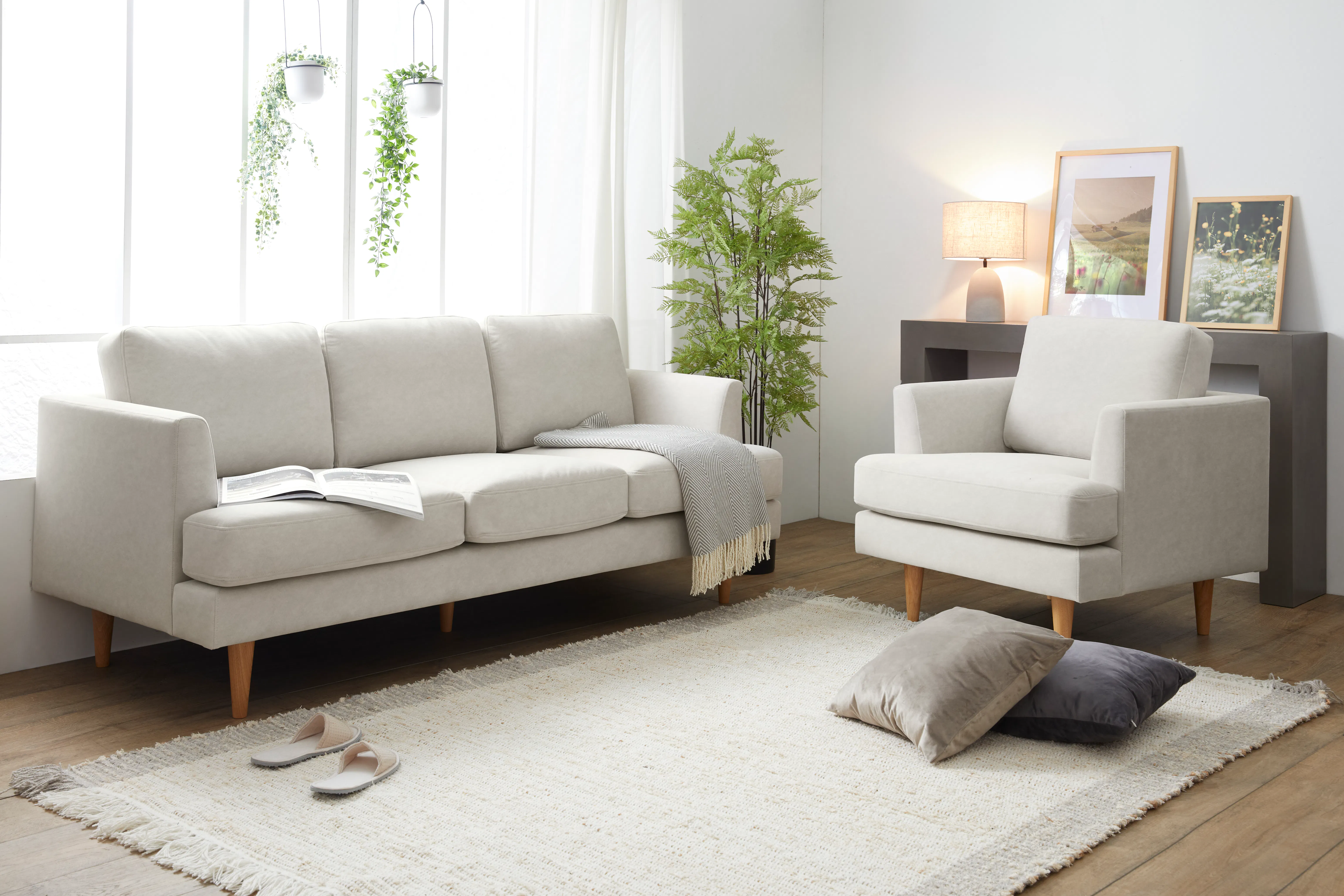 Soma 2 Seater Sofa with Soma Armchair - Sandstorm (Scratch Resistant) - 12 - Lighting, white walls, beige sofa, wooden legs