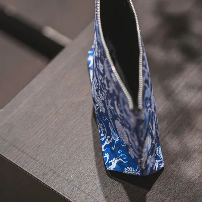 Singlapa Dragon Pouch - 3 - Patterned bag, blue and white design, zipper closure, textured fabric, elegant style, luxurious