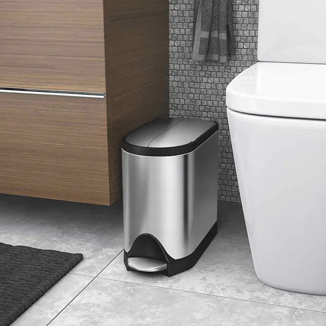 simplehuman Butterfly Step Bin - Brushed (2 Sizes) - 8 - Modern bathroom, sleek toilet, white ceramic toilet, wooden vanity