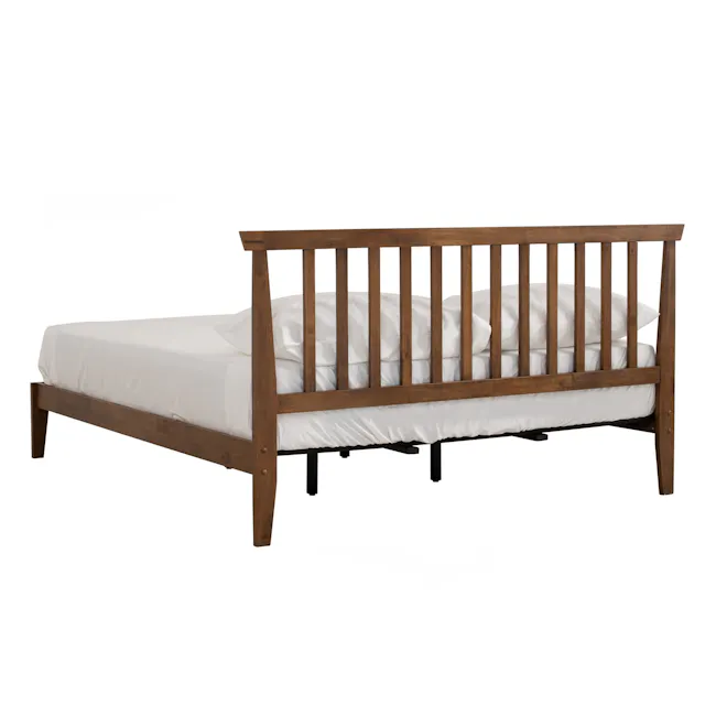 Topal Queen Bed - Cocoa - 3 - Wooden crib with white bedding, minimalist design, modern aesthetic, simple structure, sturdy