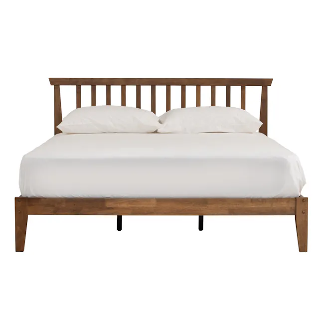 Topal Queen Bed - Cocoa - 1 - Wooden bed frame, white bedding, wooden headboard, wooden legs, minimalist design, simple