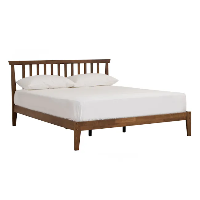 Topal Queen Bed - Cocoa - 2 - Wooden bed frame, white bedding, wooden headboard, wooden legs, simple design, minimalist