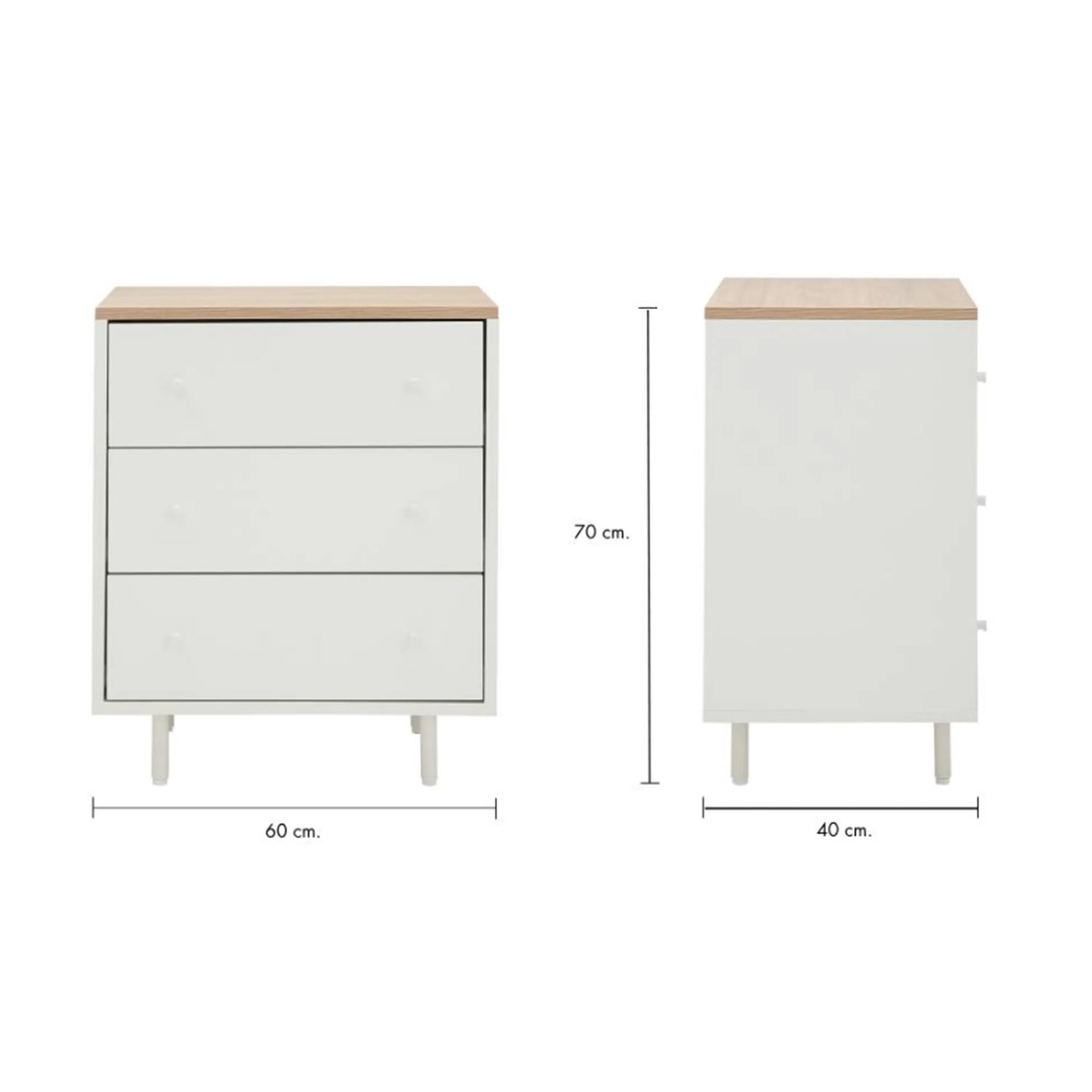 Madeline Modular 3 Drawer Chest 0.6m - 11 - White wooden dresser, 70 cm height, 60 cm width, 40 cm depth, 3 drawers, 2