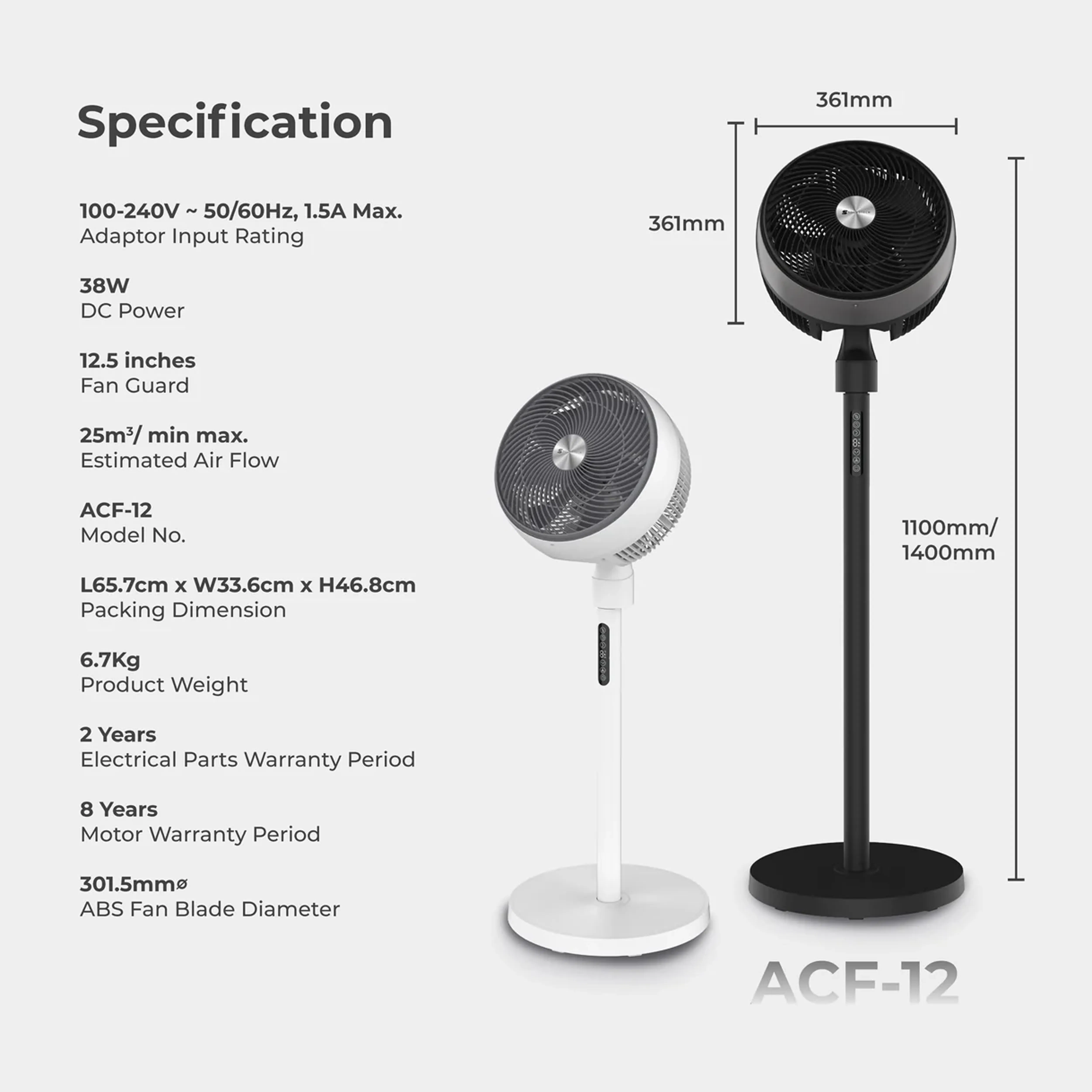 SOUNDTECH 12 Inch DC Motor Windaura Circulator Adjustable Stand Fan White (ACF-12-W) - 11