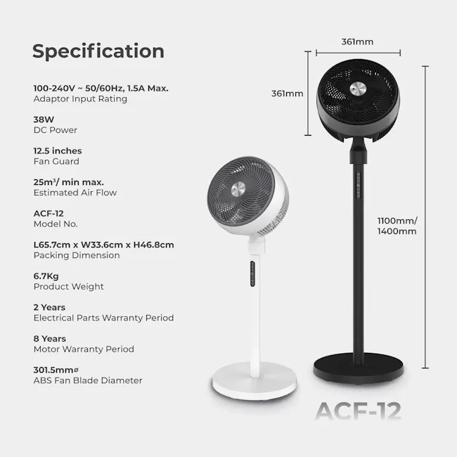 SOUNDTECH 12 Inch DC Motor Windaura Circulator Adjustable Stand Fan White (ACF-12-W) - 11