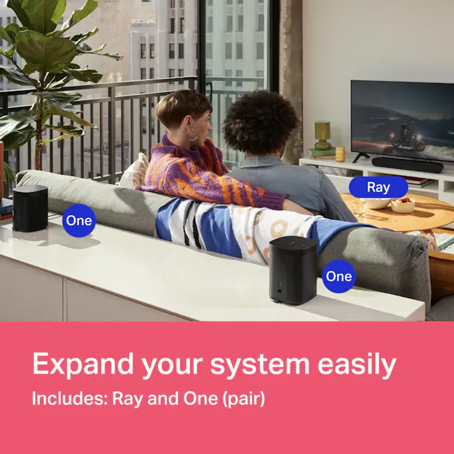 Sonos Ray - Black - 5 - Indoor living space with modern decor, Dual smart speaker setup, Comfortable living room with
