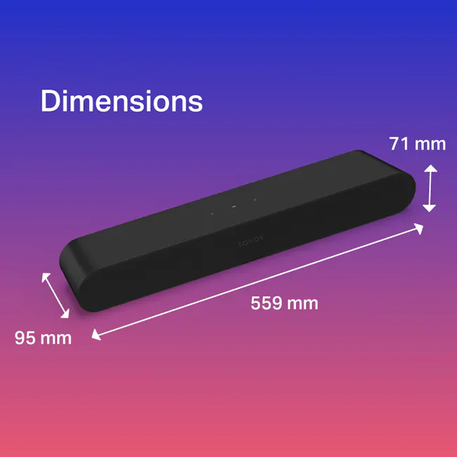 Sonos Ray - Black - 7 - Dimensions, Sonos, black speaker, 95 mm width, 559 mm height, 71 mm depth, sleek design, portable