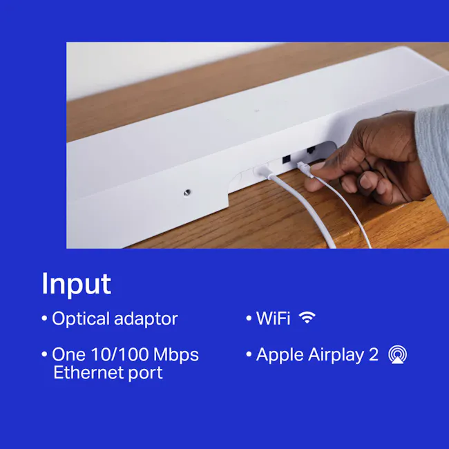 Sonos Ray - Black - 2 - Optical adapter, One 10/100 Mbps Ethernet port, WiFi, Apple Airplay 2, Bluetooth, Wireless