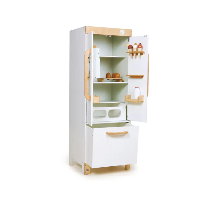 Tender Leaf Toy Kitchen - Refrigerator - 2 - Wooden refrigerator, open door, white interior, wooden handles, shelves, egg