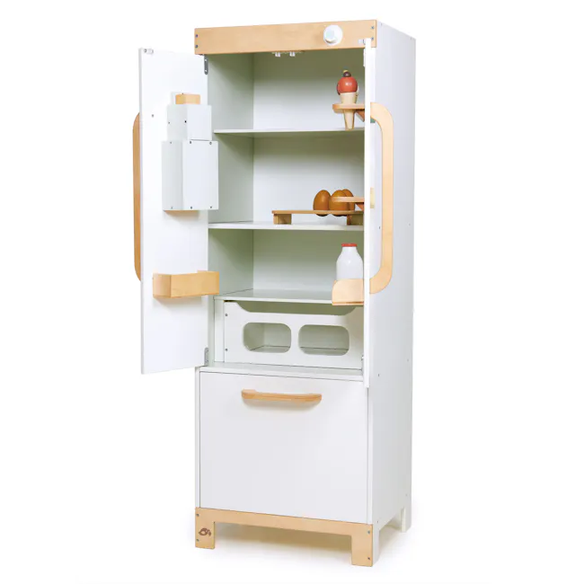 Tender Leaf Toy Kitchen - Refrigerator - 4 - Wooden kitchen cabinet, open shelf, white interior, minimalist design, wooden